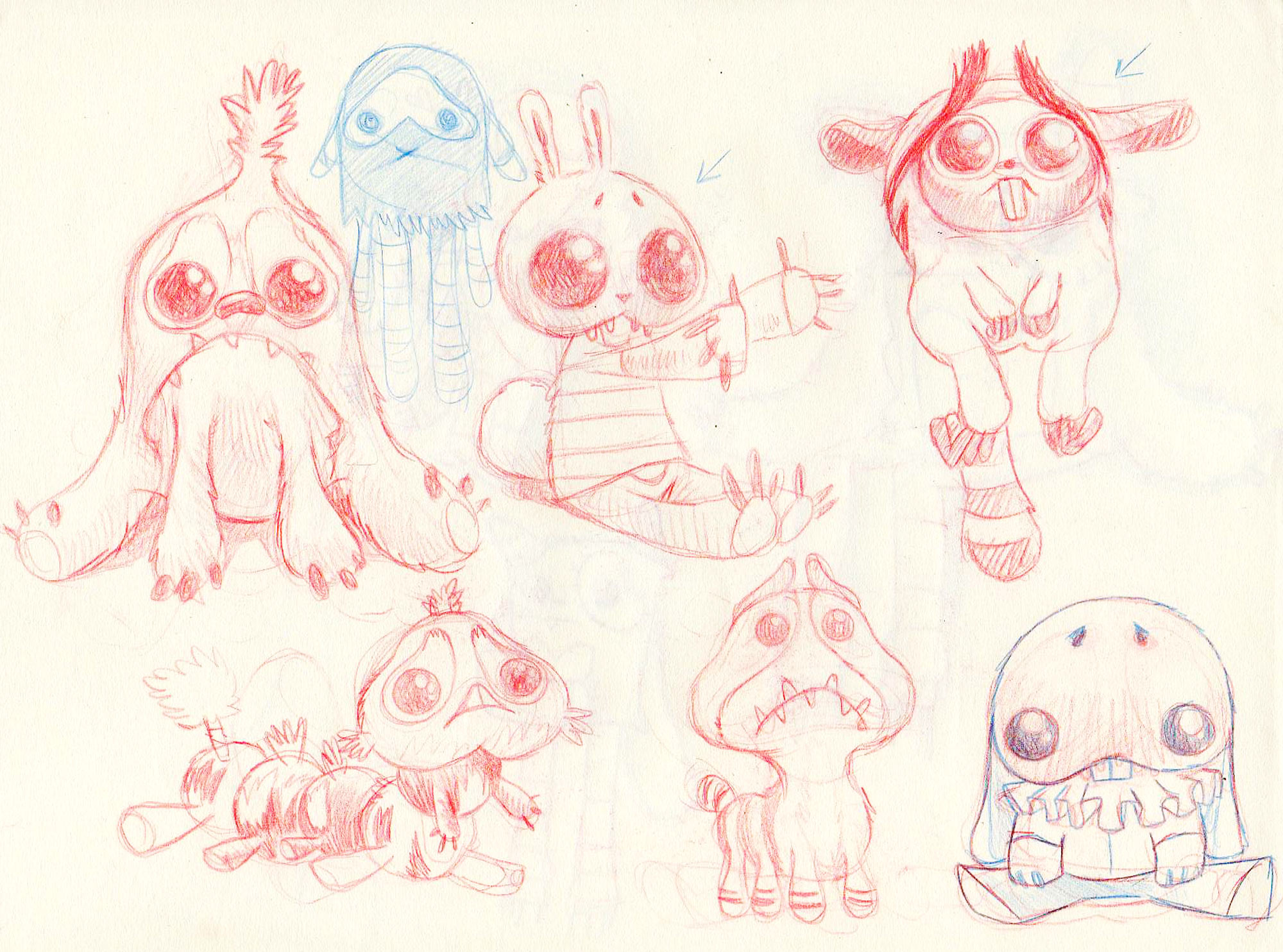 Caderno de estudos com rascunhos de personagens a lápis