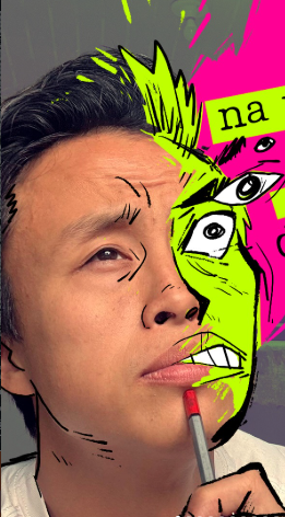 Shun Izumi pensando ao lado de uma ilustração